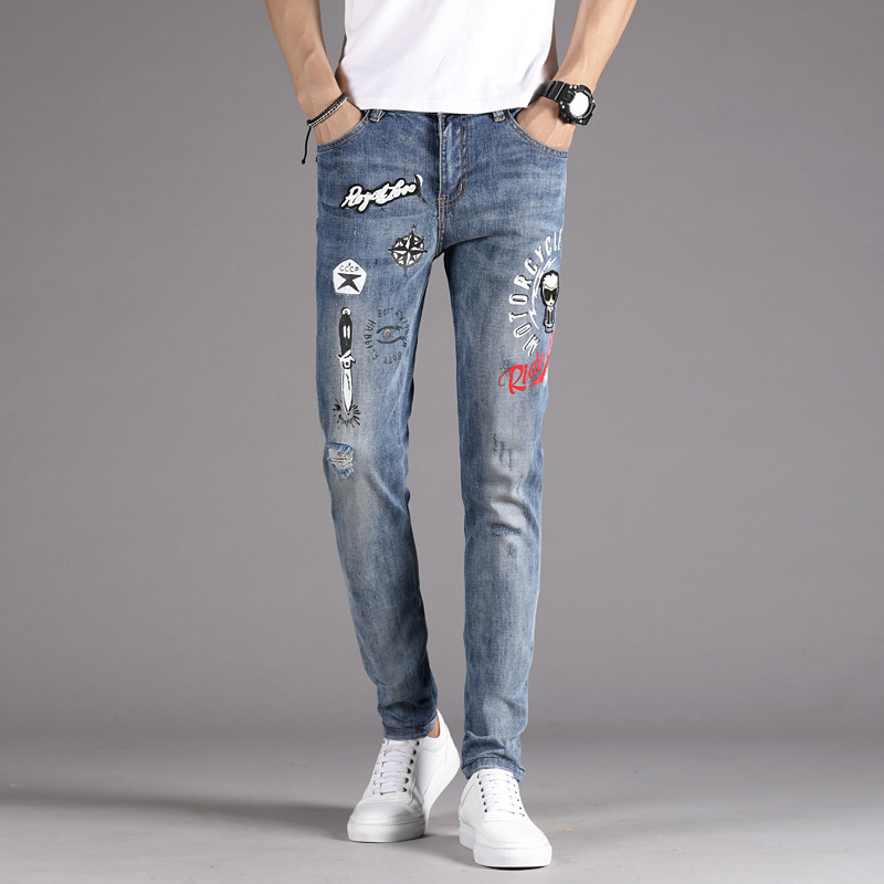 Qp popular logo jeans men's elastic high-end export Europe and the United States all hand-washed spring/summer edition rock revival true