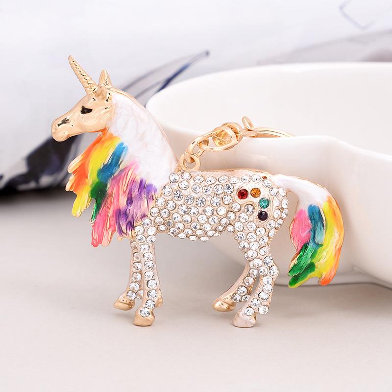 Lucky Unicorn Pendant Keychains Colourful Enamel With Rhinestone Gold Color Metal Charms Key Chains Rings For Women Children