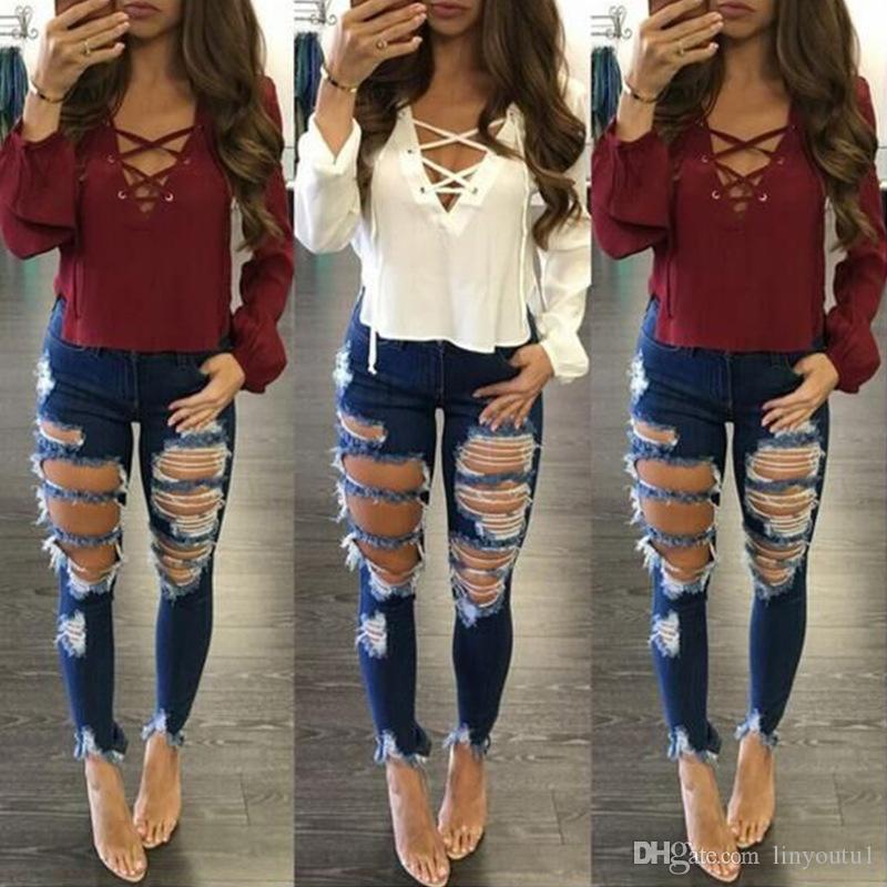 2020 Women 's Fashion Ripped Jeans for Women Big Hole Ladies Long Skinny Jeans Long Jeans Pencil Stretch Butt Lift Pencil Pants S-XXL