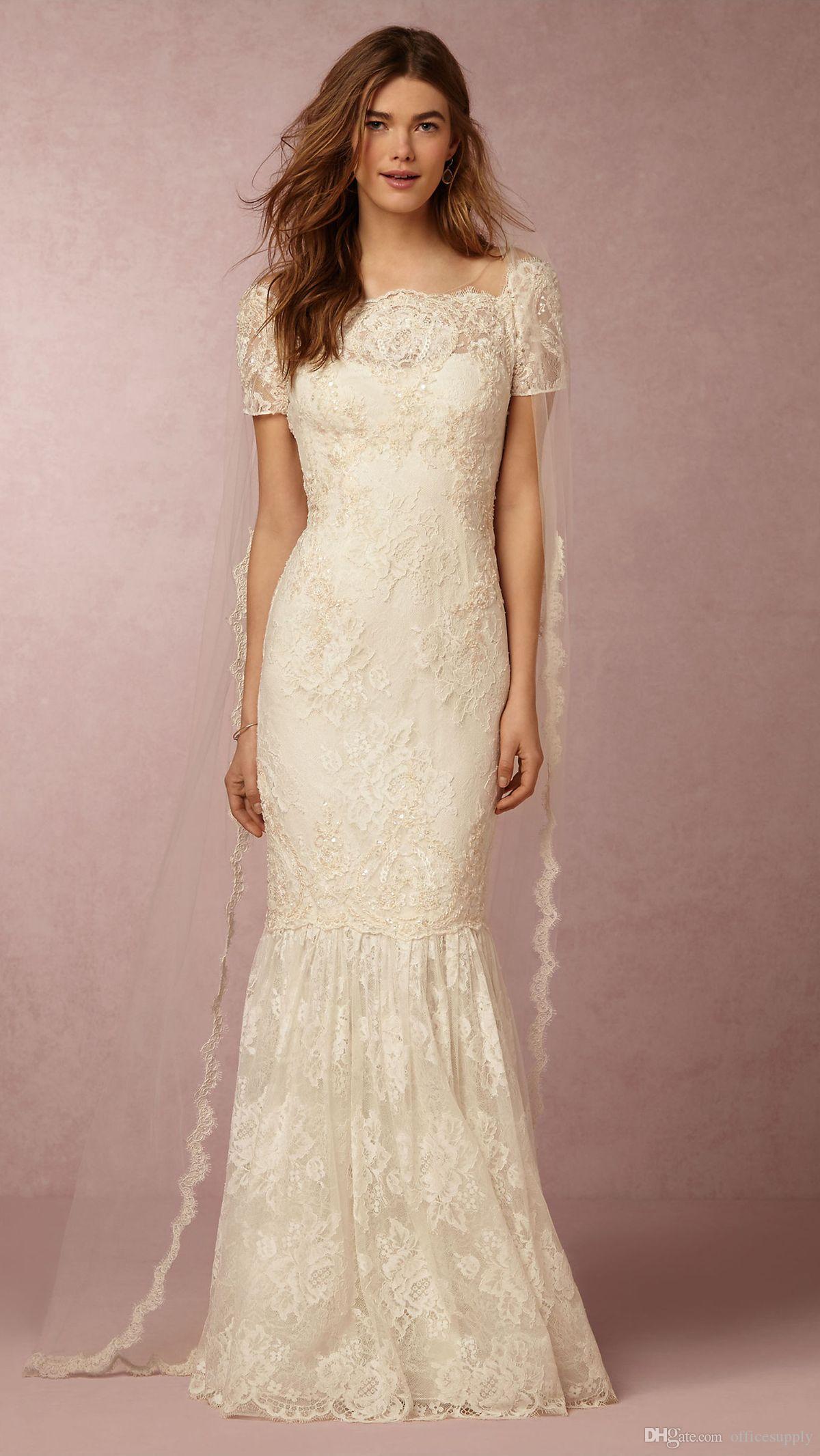 Gorgeous Mermaid New Wedding Dresses Lace Appliques Short Sleeves Chapel Train Sheer Neck Bridal Gowns For Women Vestido De Noiva