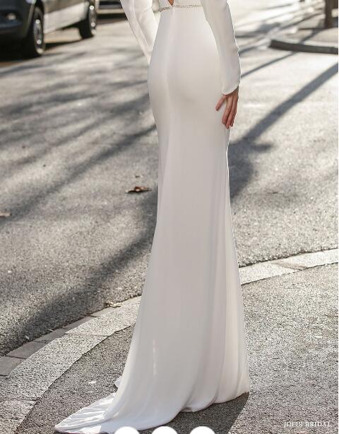 Elegant Satin Mermaid Wedding Dresses Long Sleeves Sheer Side Split vestidos de novia 2020 Backless Bridal Wedding Gowns Cheap