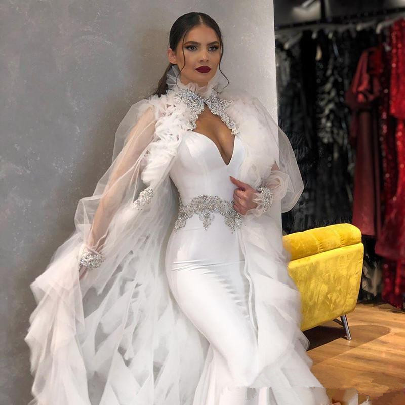 2020 White Mermaid Prom Dresses with Wrap Spaghetti Straps Beading Sequined Formal Evening Dress vestido de novia Party Gowns