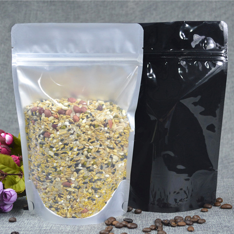 100pcs Clear Front Glossy Black Aluminum Foil Zip Lock Bag Resealable Bakery Cookies Nuts Tea Snack Ground Coffee Seeds Cereals Kitchen Packaging Pouc