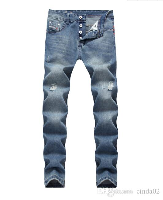 new fashion men slim casual pants elastic mens trousers light blue quality fit loose cotton denim brand jeans for men