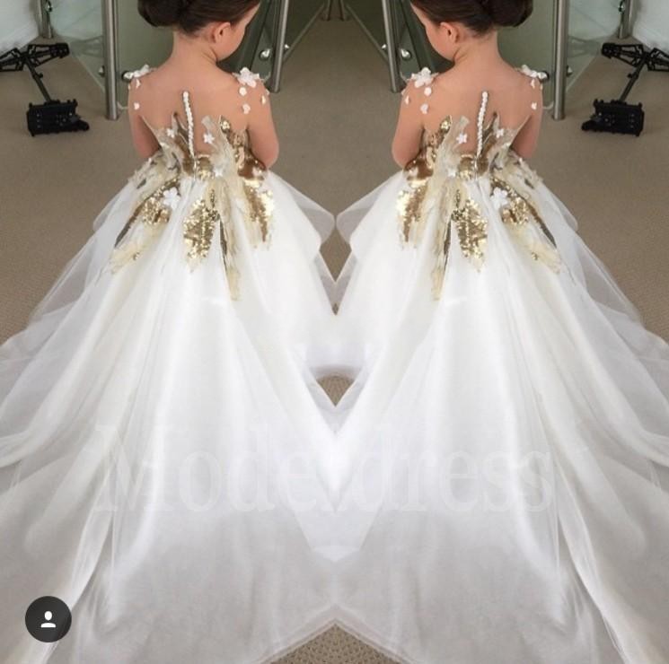 Gold Appliques Sequins Ball Gown Flower Girls Dresses For Wedding With Long Train Girls Pageant Dresses For Little Girls, Orange
Gold Appliques Sequins Ball Gown Flower Girls Dresses For Wedding With Long Train Girls Pageant Dresses For Little Girls, Orange