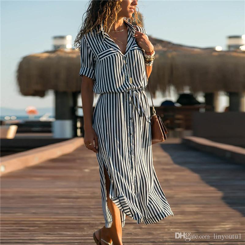 2020 Turn Down Collar Office Ladies Stripe Shirt Dress Long Chiffon Beach Dress Casual Long Sleeve Elegant Party Dress