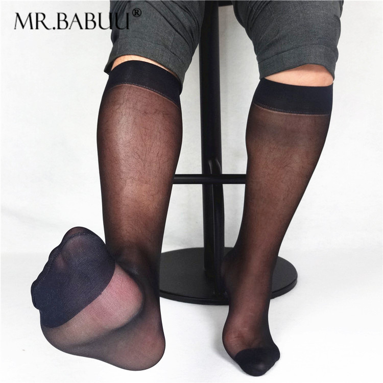 Men Business Soft Sheer Socks Contrast Toe Light Weight Formal Dress Suit Knee Length Long Socks Mesh Nylon Silk Socks
