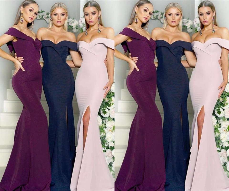 Charming Satin Newest Off Shoulder Bridesmaid Dresses Mermaid Front Split Long Maid of Honor Gowns Custom Made BD8925