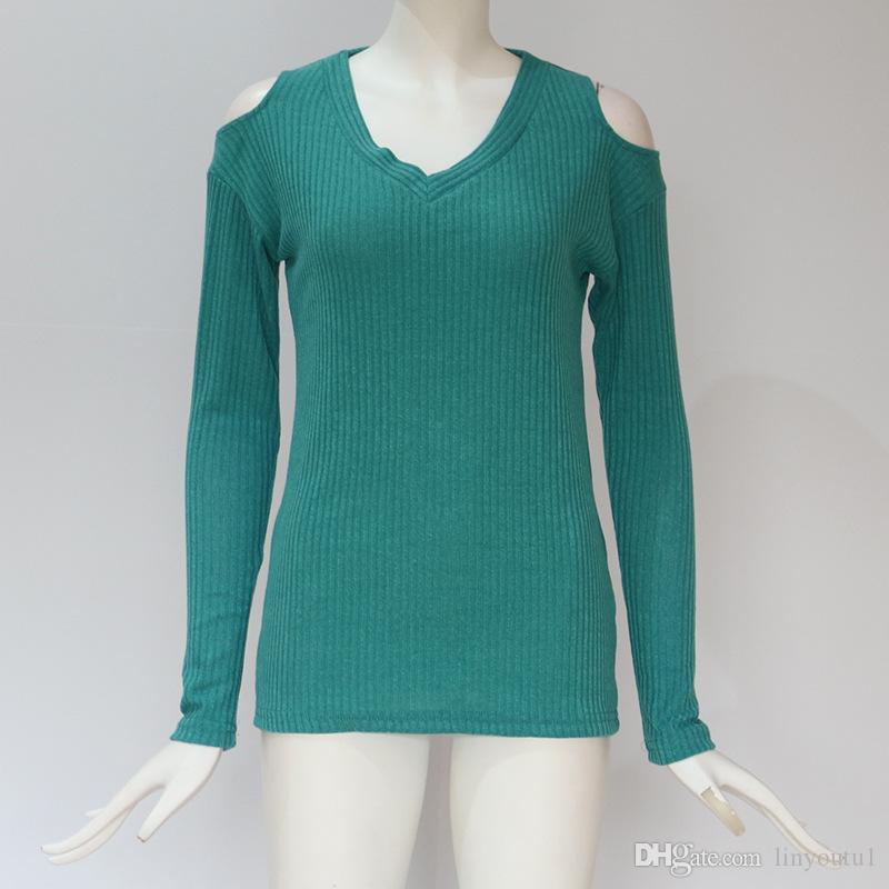 2020 Sexy Cut Out Cold Shoulder Women Tops And Blouses Casual Solid Long Sleeve V Neck Striped Knitwear Streetwear Ladies Shirts