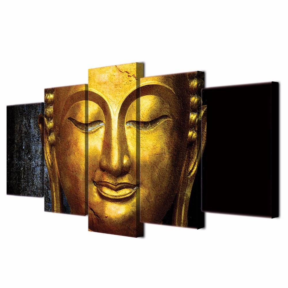 Wall Art Canvas Pictures Modular 5 Pieces Gold Buddha Paintings Kitchen Restaurant Decor Living Room HD Printed Poster No Frame