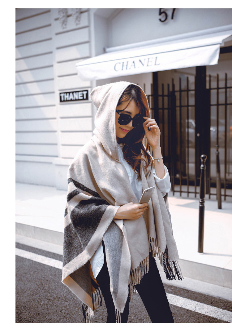 Fashion-Women's Wool Hooded Poncho with Hat Winter Scarves Black Beige Colors