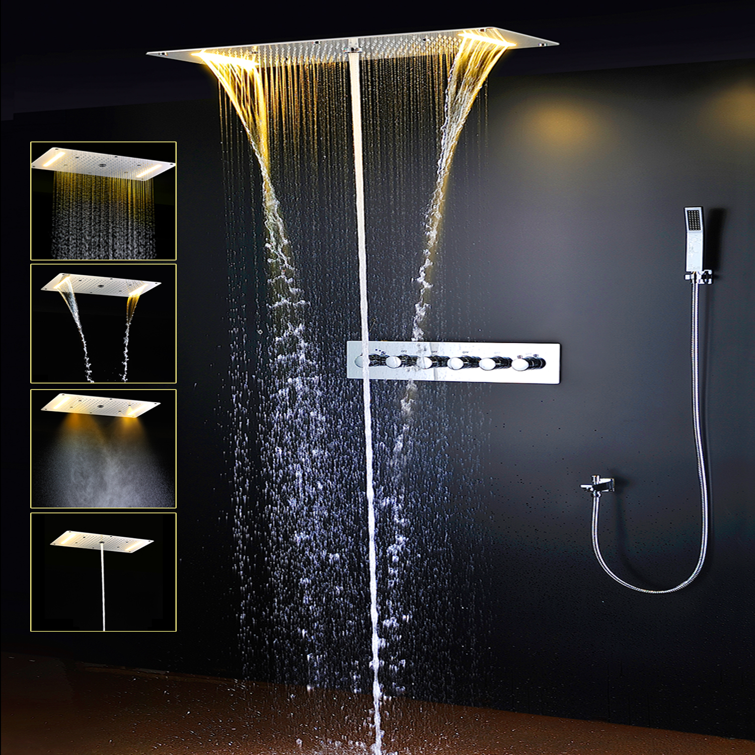 Bathroom Ceiling LED Shower Panel Mist Spray Rainfall Waterfall Shower Head Set Thermostatic Mixer Shower Faucets 380x700mm
