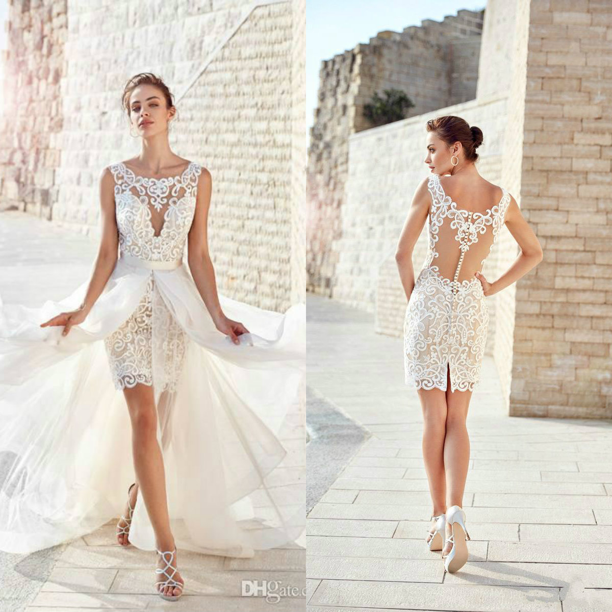 Chic Beach Wedding Dresses With Detachable Train Jewel Neck Sheer Back Lace Appliqued Short Bridal Gowns Custom Made Abiti Da Sposa