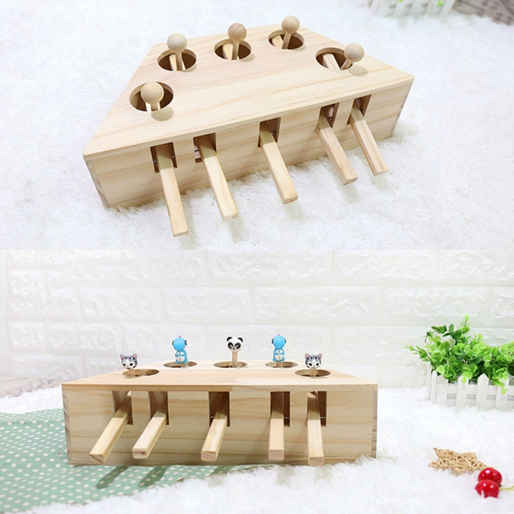 Toys Pet Indoor Solid Wooden Cat Hunting 3/5-holed Mouse Seat Scratch Interactive Cats Play Toy Best Gift#30