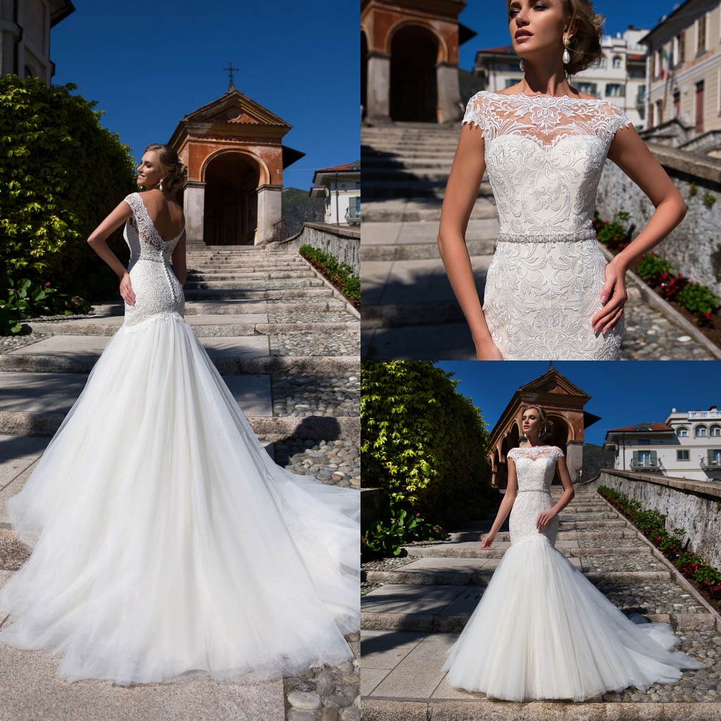 Lussano 2019 Mermaid Wedding Dresses Bateau Neck Cap Sleeves Lace Applique Sweep Train Bridal Gowns Vintage Plus Size Wedding Dress