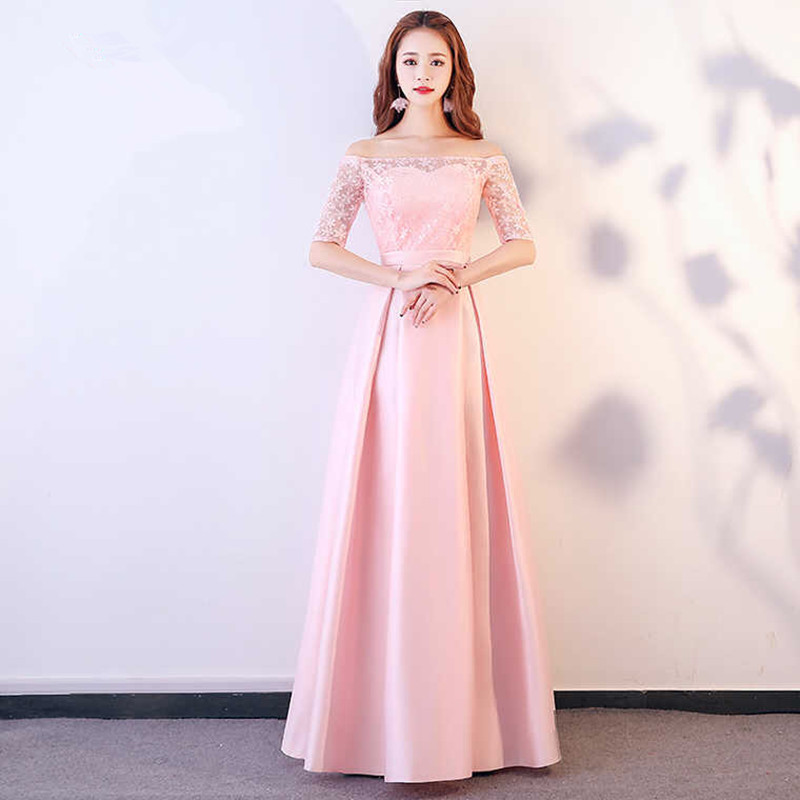 Pink Satin Long Bridesmaid Dress with Lace 2020 Floor Length Wedding Party Dresses Lace Up Bridesmaid Gowns