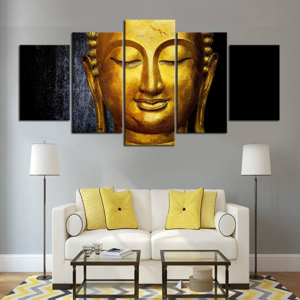 Wall Art Canvas Pictures Modular 5 Pieces Gold Buddha Paintings Kitchen Restaurant Decor Living Room HD Printed Poster No Frame