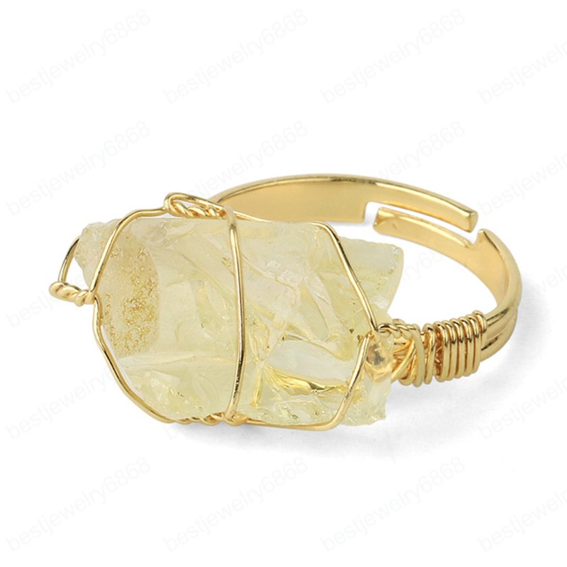 Natural Stone Irregular Wire Wrap Women Rings Healing Purple Crystal Fluorite Gold-color Resizable Fashion Finger Ring