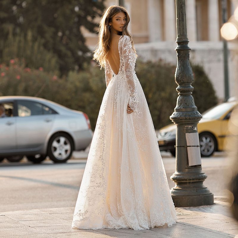 Long Berta Sleeves Lace Wedding Dresses A E Deep V Neck Backless Beach Bridals Gowns Appliqued Or Length Boho Vestidos De Noiva
