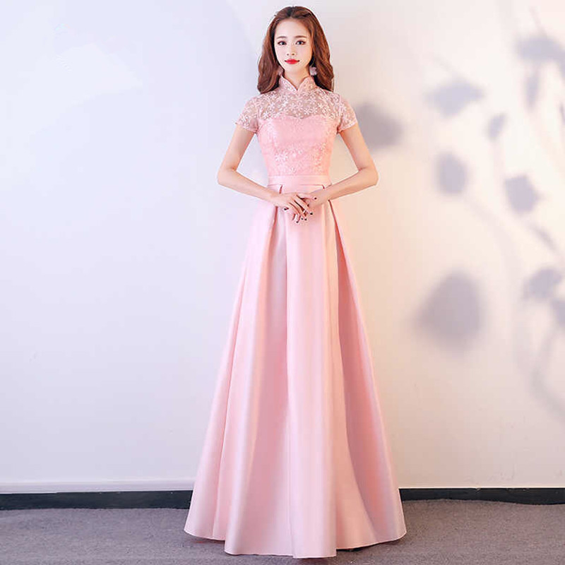 Pink Satin Long Bridesmaid Dress with Lace 2020 Floor Length Wedding Party Dresses Lace Up Bridesmaid Gowns