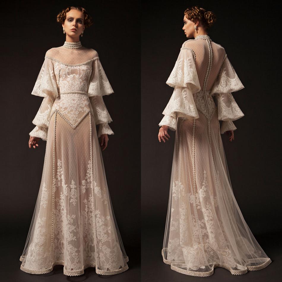 Krikor Jabotian 2019 New Prom Dresses High Neck Lace Applique Long Sleeve Beaded Formal Party Dress Vintage Pageant Evening Gowns
