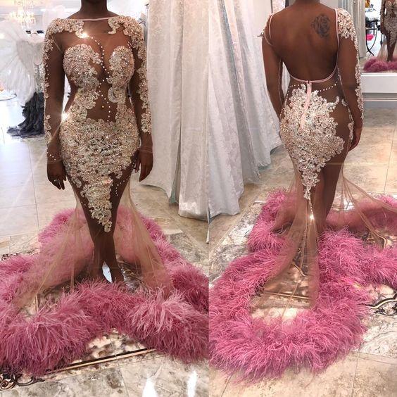 Luxury Feathers Mermaid Evening Dresses Sparkly Appliqued Beaded Illusion Bodice Sweep Train Plus Size Prom Dress Backless Custom Made Gowns
