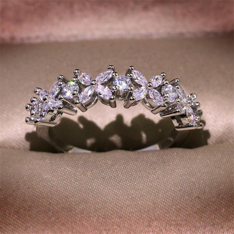 US Size 6-10 Handmade Luxury Jewelry 925 Sterling Silver Marquise Cut White Topaz Gemstones Women Wedding Flower Band Ring For Lovers' Gift