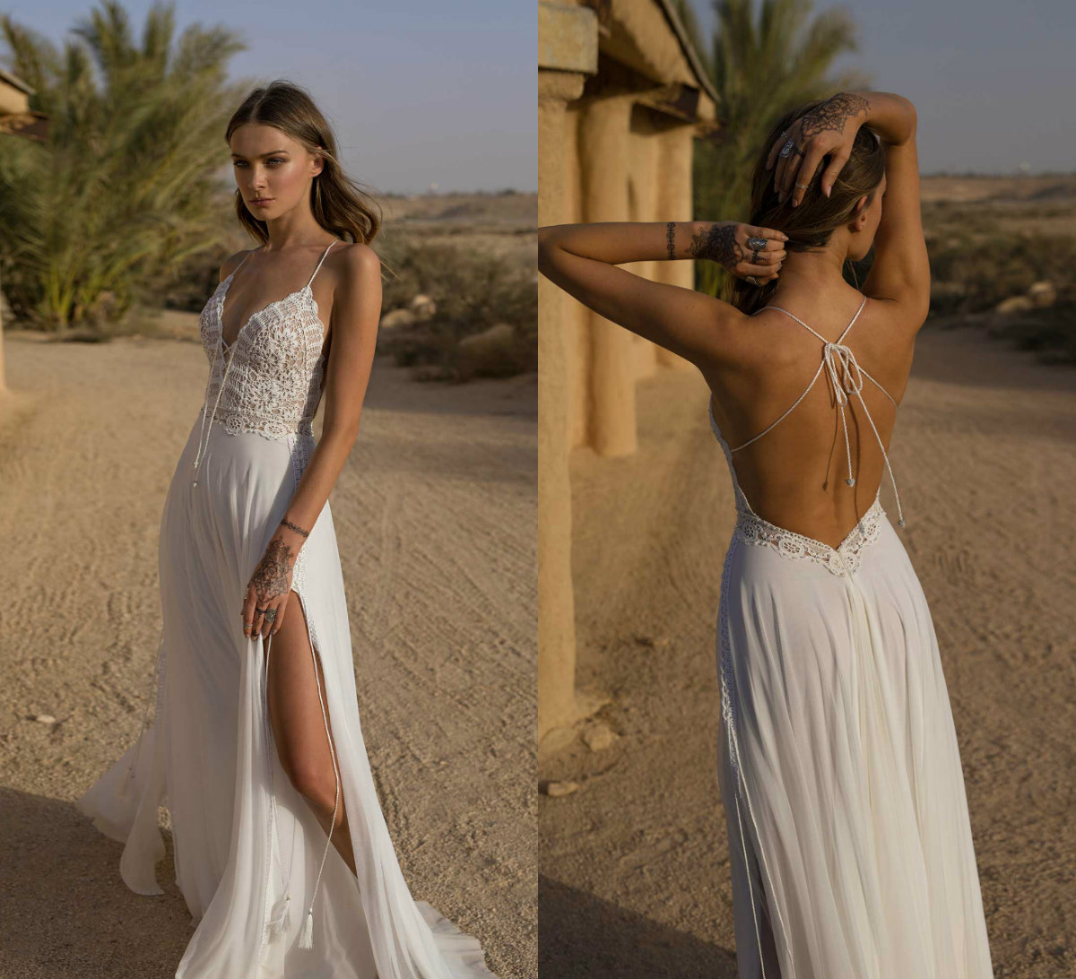 2019 Asaf Dadush Bohemian Wedding Dresses Spaghetti Lace Chiffon Floor Length Summer Beach Wedding Dress Cheap Backless Bridal Gowns Robe