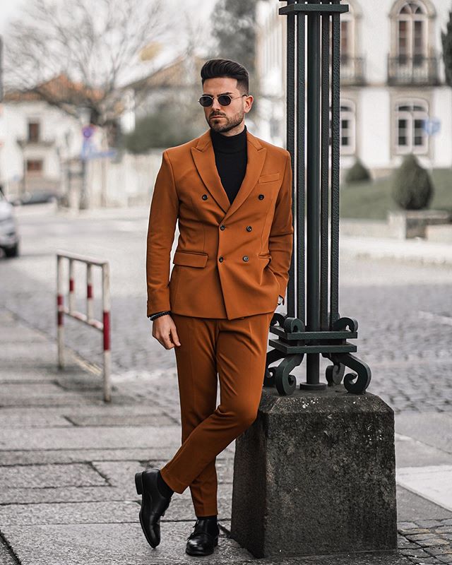 2020 Brown Mens Suits Two Piece Tweed Suit Herringbone Peaked Lapel Custom Made Groom Tuxedos Wedding Prom Dress Jacket Pants