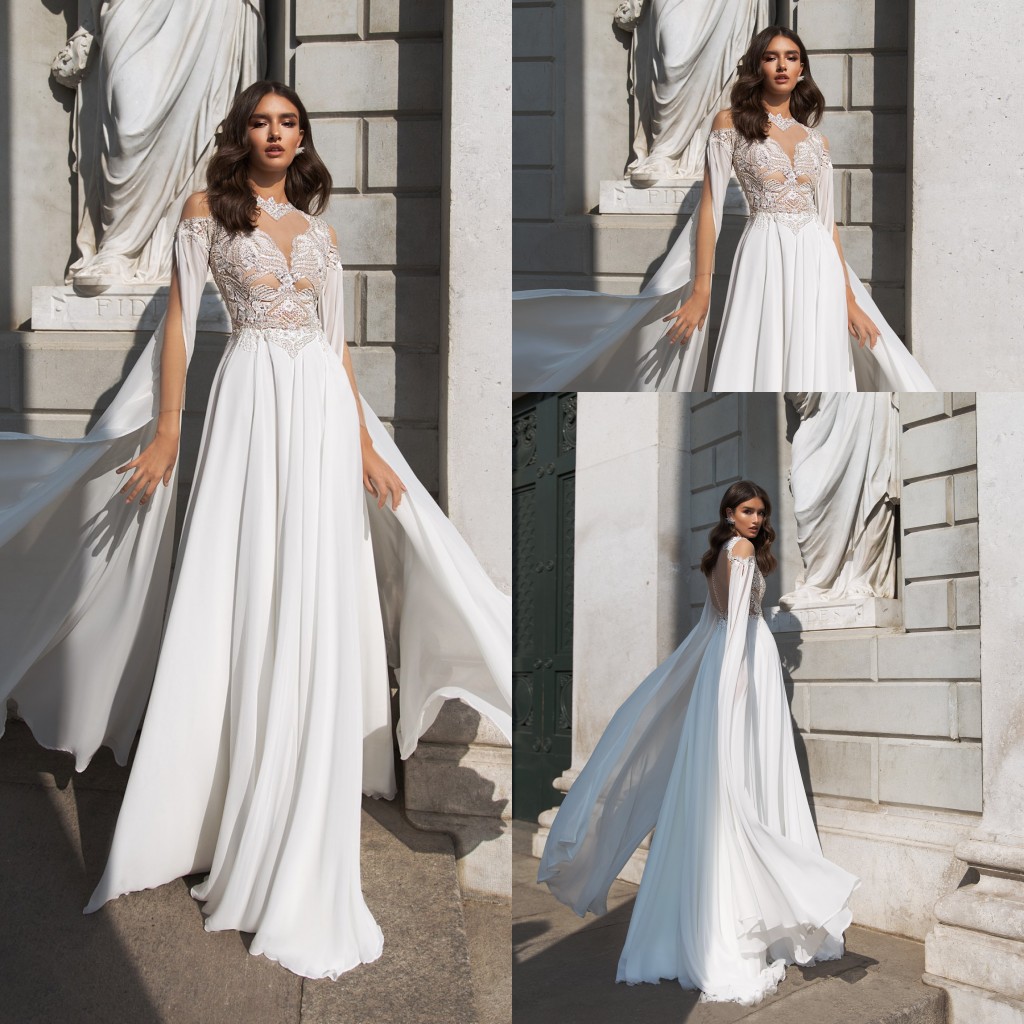 2020 Boho Bohemian Wedding Dresses Jewel Neck Lace Apliques A Line Chiffon Beach Wedding Dress Sweep Train Bridal Gowns Vestidos De Novia