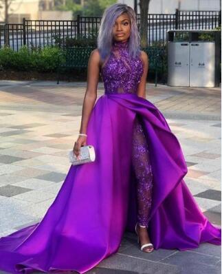 2020 Lace Appliqued Bead Evening Gowns Luxury African Party Women Pant Suits Classic Jumpsuits Prom Dresses With Detachable Train High Neck