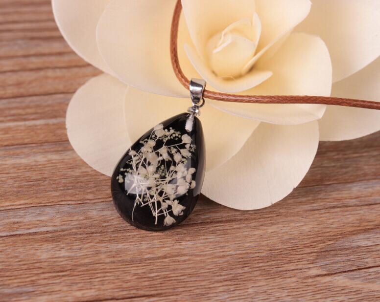 Resin Water Drop Dried Flower Stone Pendant Necklace Jewelry DJN73 mix order Pendant Necklaces jewelry