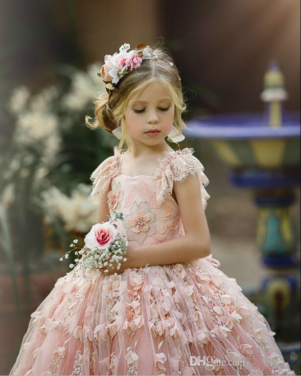 2020 Luxury Floral Ball Gown Flower Girl Dresses Jewel Neck Ruffle Beaded Hand Made Flower Girl Pageant Gowns Custom Made Birthday Gown
