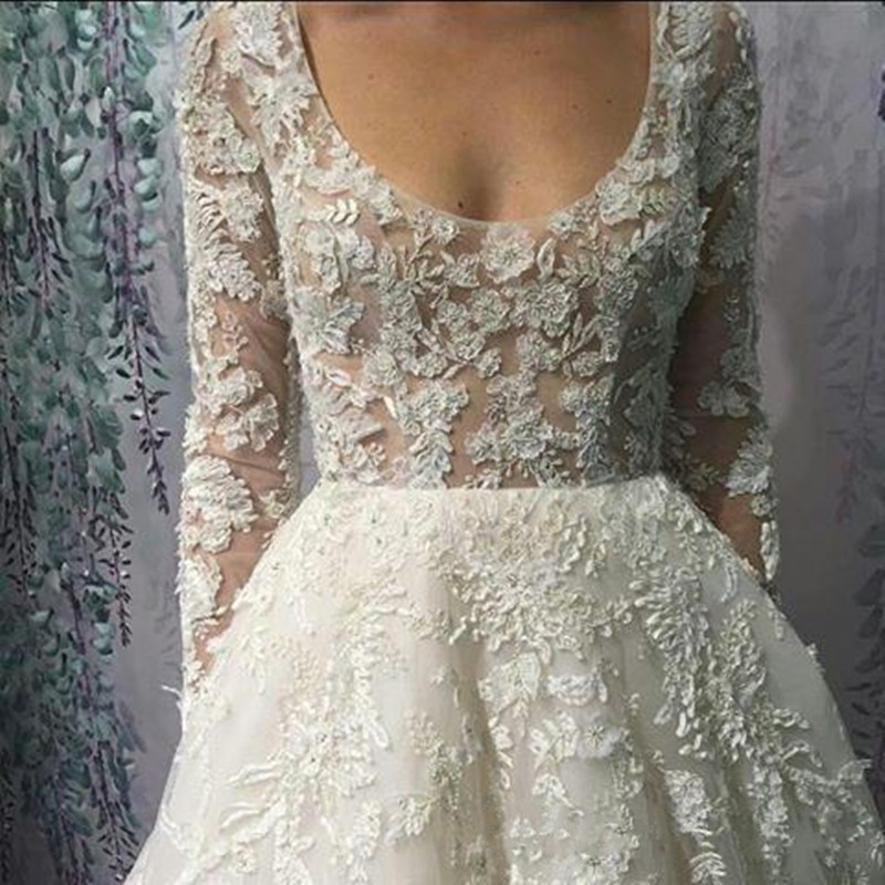 2020 New Sheer Lace Wedding Dresses With Long Sleeves Monique Lhuillier Appliqued Scoop Neck Tulle Bridal Gowns A-Line Long Dress For Bride