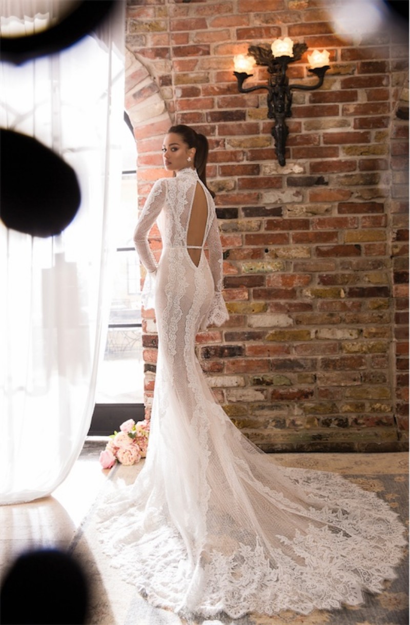 elihav sasson side split wedding dresses high neck long sleeve mermaid bridal gowns full lace open back sexy wedding dress