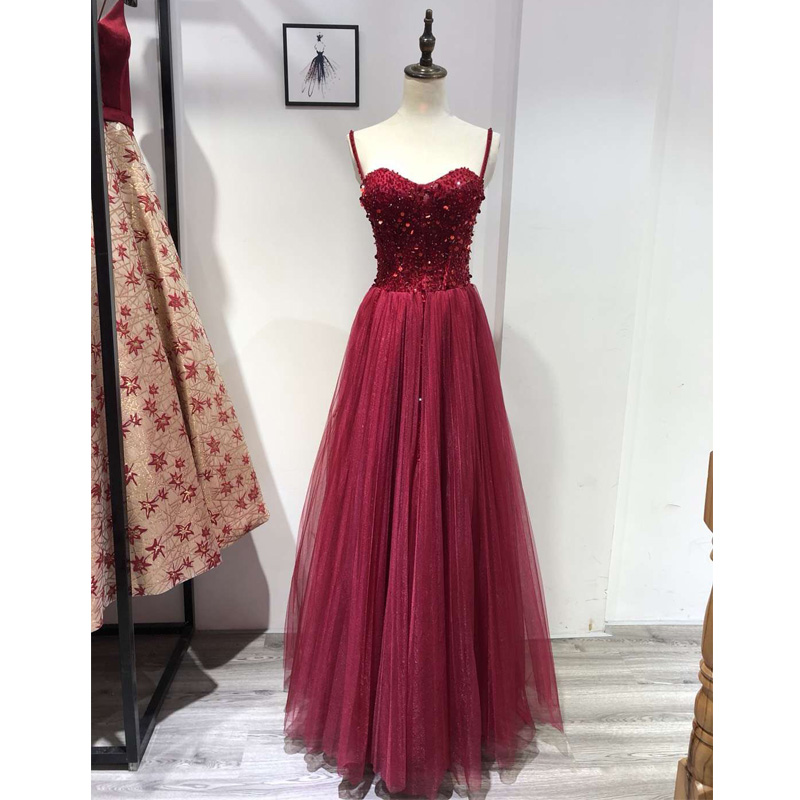 2019 Dark Red Evening Dresses Long Spaghetti Straps Sexy Prom Dress A-Line Beaded Tulle Cheap Women Party Formal Gowns