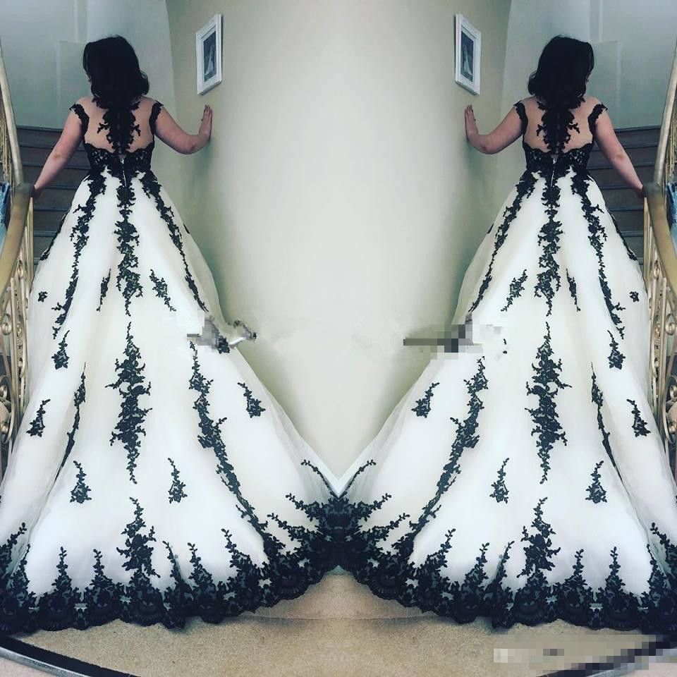 Black Lace Applique White Organza A-e Dresses Capped Sleeves Sheer Neck Cathedral Train Wedding Bridal Gowns