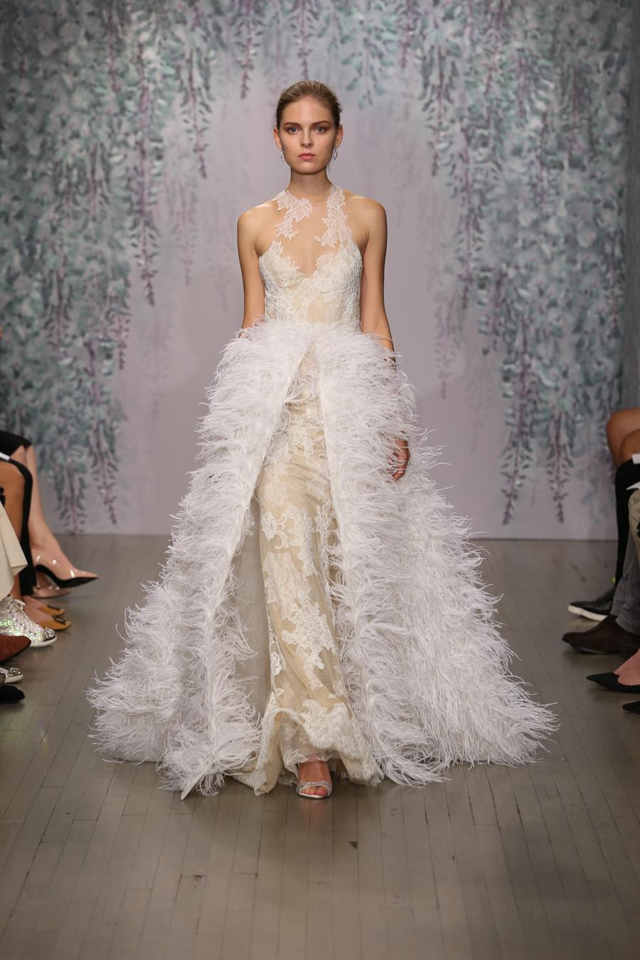 2019 New Lace Wedding Dresses With Feather Overskirt Mermaid Sheer Jewel Neckline Backless Bridal Gowns Monique Lhuillier Wedding Dress
