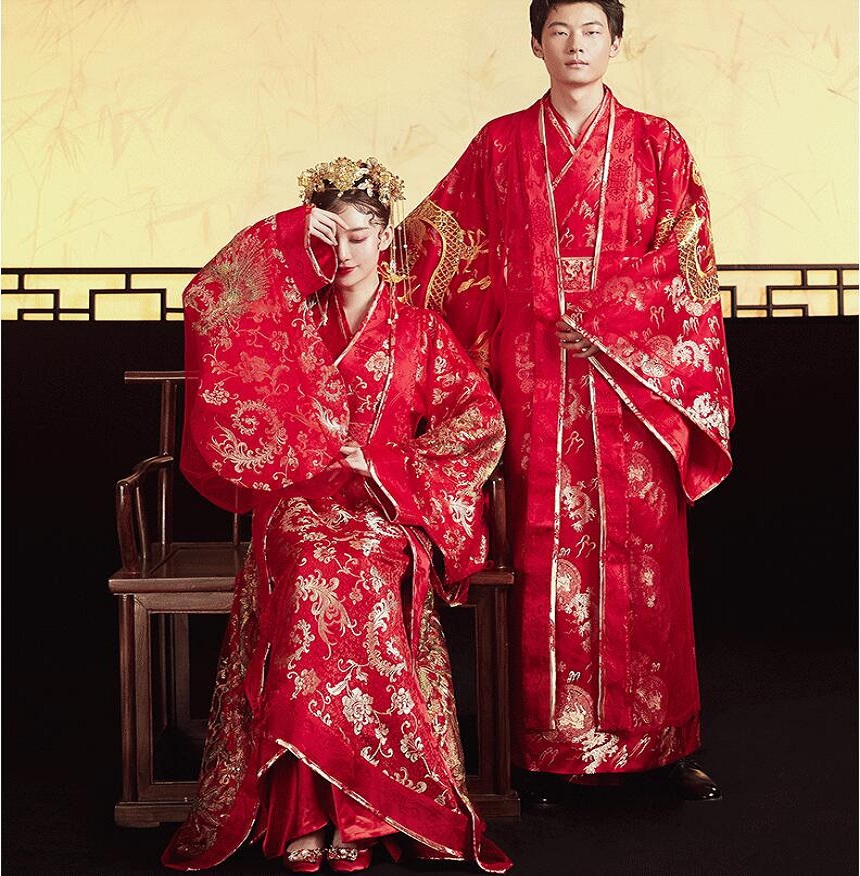 Standard Ancient China Tang Dynasty Chinese style Hanfu Wedding Gown Red Clothing Women Bride Phoenix Dress Men Groom Dragon Robe