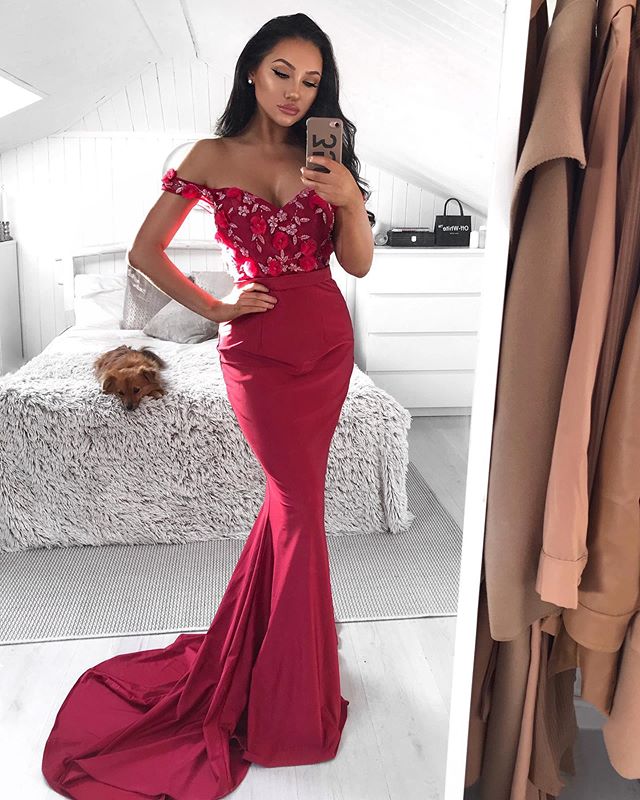 Dark Red Mermaid Prom Dresses Lace Appliqued Beaded Off The Shoulder Evening Dress 2020 Satin Formal Party Gowns Vestidos De