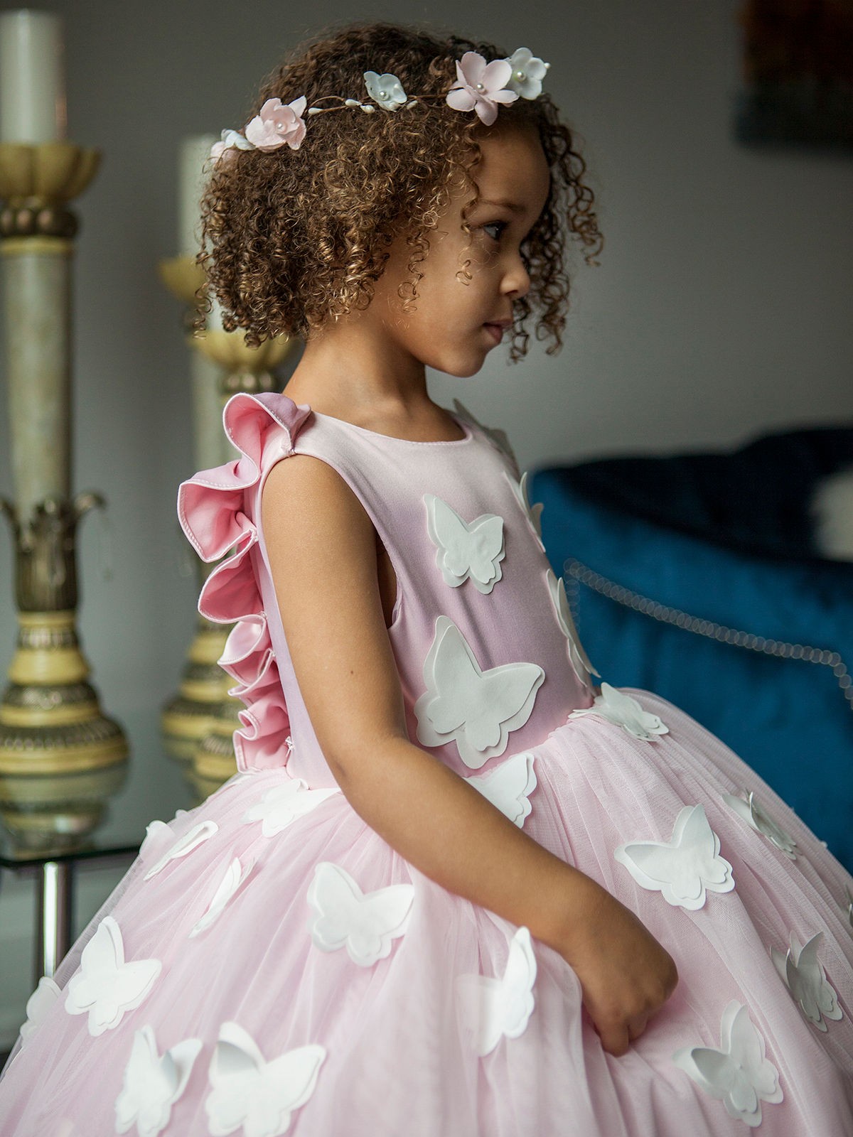 Cute Pink Flower Girl Dresses With Butterfly Lace V Back Ball Gown Girls Pageant Dress Custom Made Pearls Cheap Kids Formal Gown