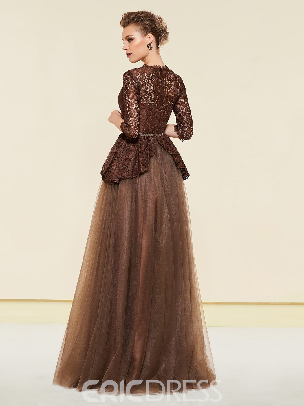 Ericdress A Line Mother of The Bride Dresses V Neck 3/4 Long Sleeve Wedding Guest Dress Lace Applique Sweep Train Evening Gown