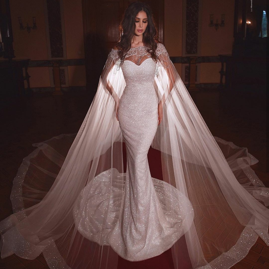 2020 Arabic Mermaid Wedding Dresses with Off Shoulder Long Wrap Luxurious Sequined Tassels Bridal Dress Vintage Crystals Wedding Gowns