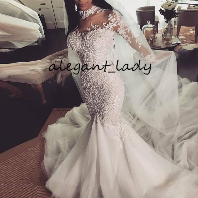 Sheer High Neck Mermaid Wedding Dresses 2020 Modern Lace Applique Plus Size Long Sleeve Country Garden Bride Robes Wedding Gown