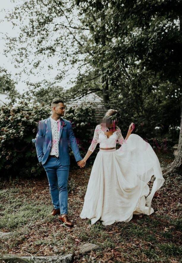 2019 Bohemian Two Pieces Wedding Dresses 3 4 Long Sleeve V Neck Sweep Train Lace Top Chiffon Beach Garden Country Boho Bridal Gowns