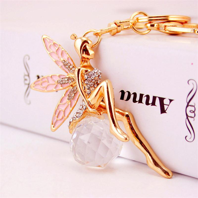 Keychain Enamel Alloy Rhinestone Fairy Tale Angel Wings Girl Crystal Ball Pendant Car Key Chains Gold Tone Lobster Clasp Key Ring 3pcs