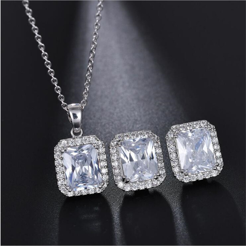 Classical Jewelry Set 925 Sterling Silver Princess Cut Topaz Statement CZ Diamond Gemstones Party Women Wedding Bridal Earring Necklace Gift