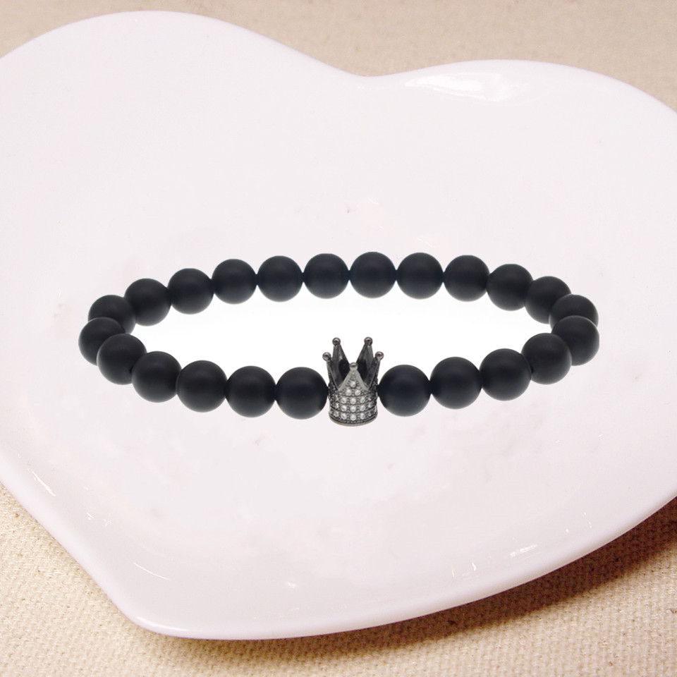 Men's and Women's Matte Black Agate Beads Gemstone Bracelet Wrist Crown Gift Bracelet