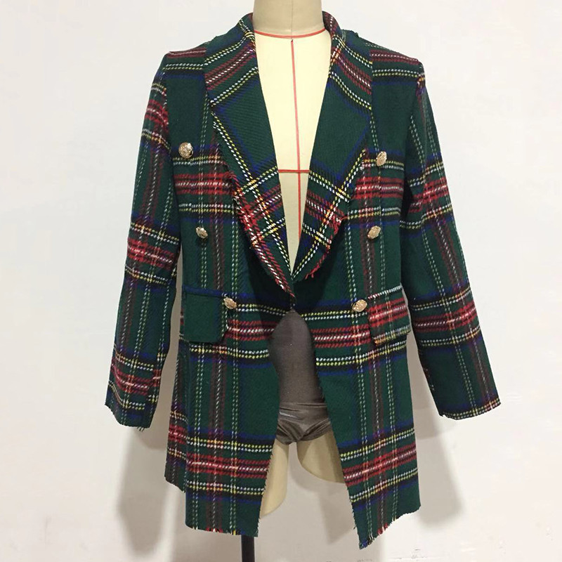 Wholesale-Vintage Double Breasted Coats Frayed Checked Tweed Blazers Coat Women Pockets Blazer Plaid Ladies Outerwear Casual Casaco Femme