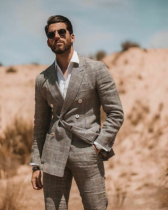 Classic Plaid Men Wedding Suits British Style Double Breasted Notched Lapel Tuxedos Formal Work Prom Office Business Blazer(Jacket+Pants)